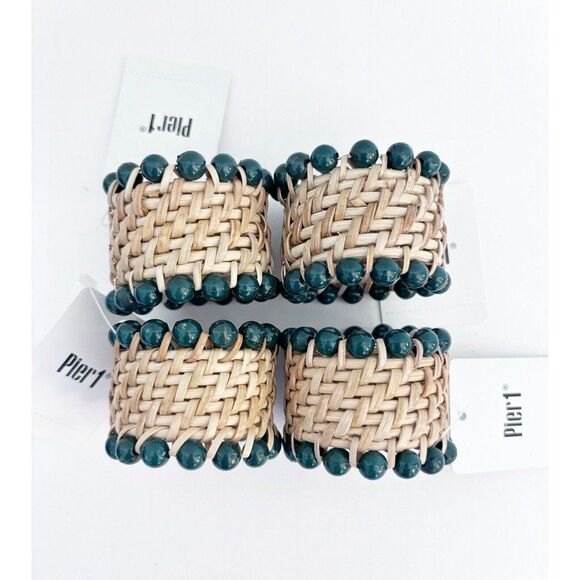 Pier 1 Woven Straw Napkin Rings With Green Beads Set Of 4 - Picture 1 of 5